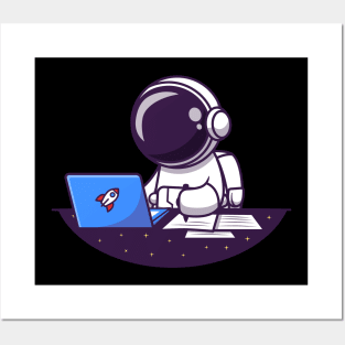 Astronaut Working On Laptop And Writing Cartoon Posters and Art